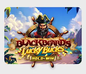 Blackbeard’s Lucky Bucks slot game – daring pirate captain with parrot, gold coins and treasure chest, set against a tropical beach and ocean backdrop, at Slots Capital Casino