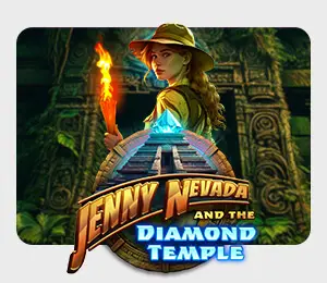 Jenny Nevada and the Diamond Temple slot game – explorer Jenny Nevada holding a torch in a mysterious temple, with “Diamond Temple” signage and an ancient pyramid backdrop, set for big adventure at Slots Capital Casino