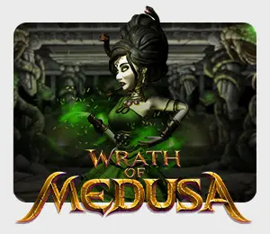 Wrath of Medusa slot game with the main character and the game title in predominantly green, gold and black font colours