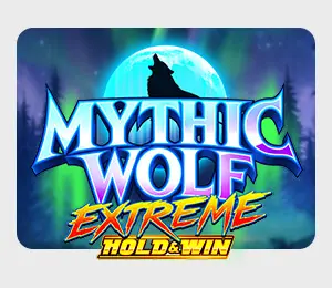Mythic Wolf Extreme Hold and Win Slot game logo with a wolf in front of a blue moon and an eerie feel to it due to green hues around the text