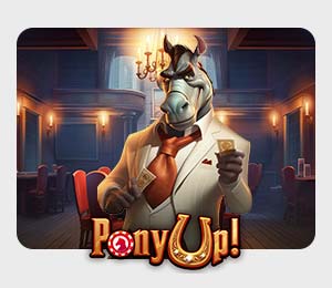 Slot game image Pony Up – vibrant graphic featuring golden coins, a cartoonish treasure chest bursting with gems and a glowing jackpot backdrop at Slots Capital Casino.