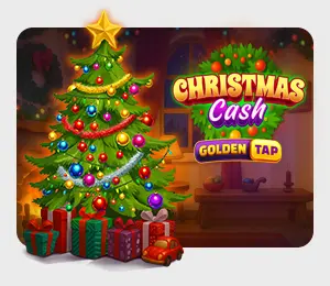 Festive slot game Christmas Cash Golden Tap featuring a decorated Christmas tree and wrapped presents.