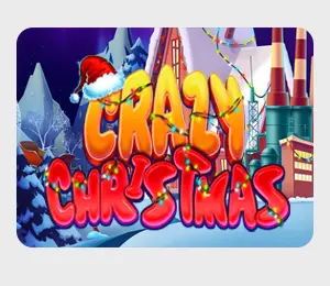 Crazy Christmas slot game with bold candy-colored title, snowy background, and Santa hat on the logo.