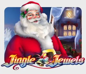 Jingle Jewels slot game featuring a smiling Santa Claus in front of a snowy holiday village.