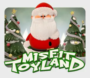 Misfit Toyland slot game with a cute, plush-style Santa and Christmas trees in a whimsical winter setting