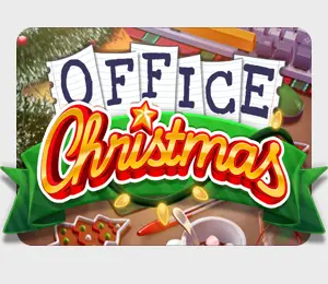 Office Christmas slot game showing holiday treats and decorations on a festive office desk background.