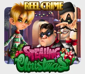 Reel Crime: Stealing Christmas slot game featuring cartoon-style burglars and a holiday heist theme with festive decor.