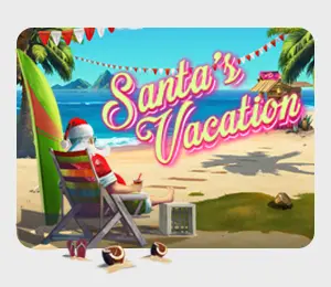 Santa’s Vacation slot game with Santa relaxing on a tropical beach under palm trees with a cocktail.
