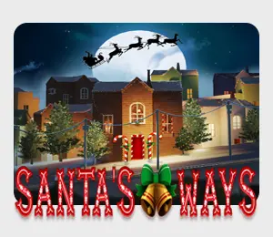 Santa’s Ways slot game featuring a snowy town, sleigh silhouette in the sky, and glowing holiday lights.