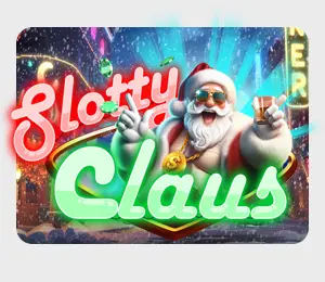 Slotty Claus slot game with a cool Santa in sunglasses holding a drink in a neon-lit winter city.
