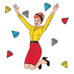 Slots Lotty wearing a yellow blouse and a red skirt, throwing the different VIP level gems in the air